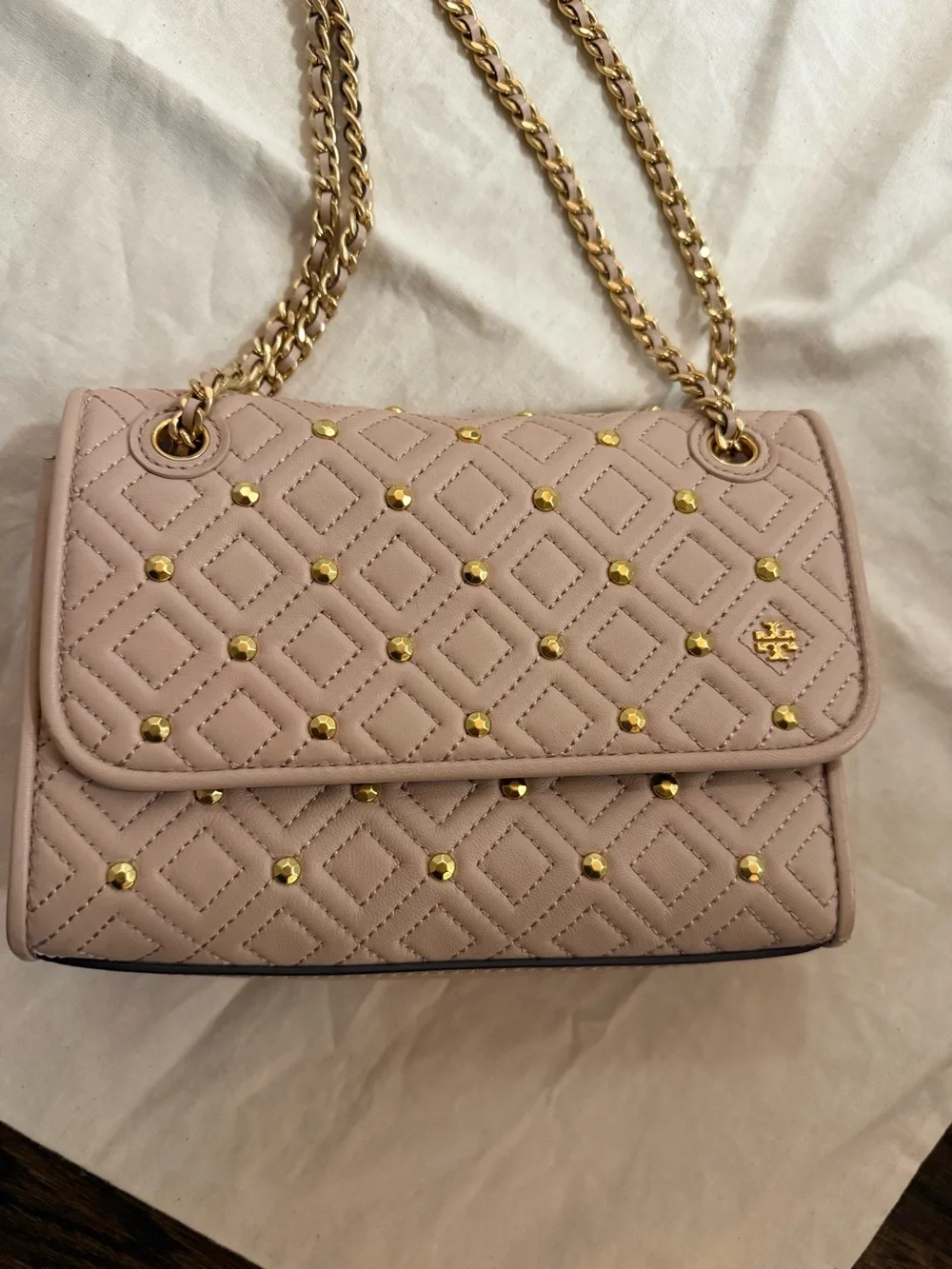 Tory Burch Quilted Studded Chain Crossbody Bag - Pale Pink with Gold Hardware - Picture 6 of 6